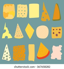 Set of different cheese sorts isolated on blue. Food and dairy production. Illustration for special printed production. Design element.