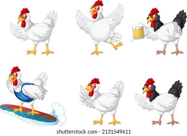 Set of different chickens cartoon character illustration