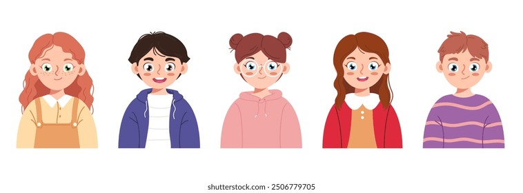 Set of different children avatars. Bundle of smiling faces of boys and girls with different hairstyles. Colorful flat vector illustration isolated on white background