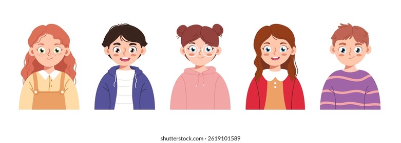 Set of different children avatars. Bundle of smiling faces of boys and girls with different hairstyles. Colorful flat vector illustration isolated on white background