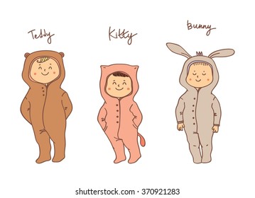 Set of different children. Child dressed as bunnies, teddy, cats