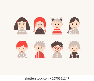 Set of different children faces. Cartoon kids avatar collection. Vector illustration with child portraits