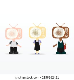 Conjunto de diferentes siluetas planas para niños con cabeza de TV y pensamiento garabato. Alumnos con pensamientos confusos