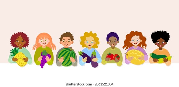 Set of different children holding different fruits and vegetables such as - pineapple, grapes, watermelon, eggplant, tomato, melon, zucchini isolated on white background illustration. 