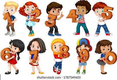 Set of different children holding math number illustration