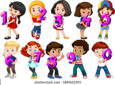 Set of different children holding math number illustration