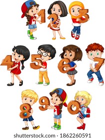 Set of different children holding math number illustration