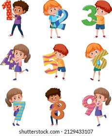 Set of different children holding the numbers isolated on white background illustration