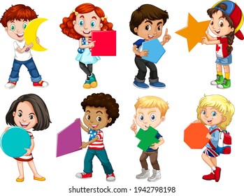 Set of different children holding different shapes illustration