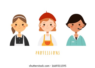Set with different children professions. Girls with different professions on white background. Vector set with children jobs