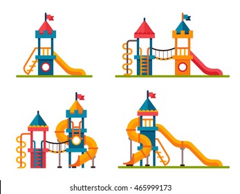Set of different children slide with ladder in flat style. Children slide isolated on white background