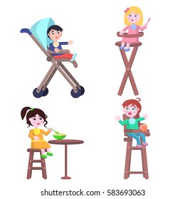 Set of different children two boys and two girls who ask for food, eat or cry, three of them sit on highchair and one in baby carriage. Vector illustration set of toddler characters for Mother Day.