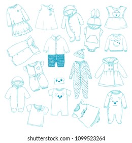 Set of different children's clothing. Can be used as clothes for paper dolls. Vector illustration in sketch style.