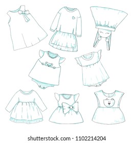 Set of different children's clothing. Can be used as clothes for paper dolls. Vector illustration in sketch style.