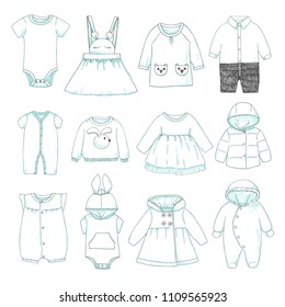 Set of different children's clothing. Can be used as clothes for paper dolls. Vector illustration in sketch style.