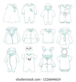 Set of different children's clothing. Can be used as clothes for paper dolls. Vector illustration in sketch style.