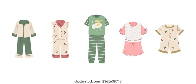 Set of different childrens pajamas on a white background.