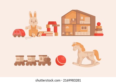 Juego de juguetes para niños: coche, conejo de lujo, cubos, dollhouse, locomotora de vapor, bola. Ilustración vectorial plana