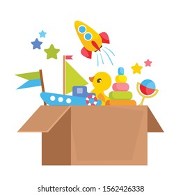 Set of different children's toys in a cardboard box. Order from the online baby store. Vector illustration in cartoon flat style.