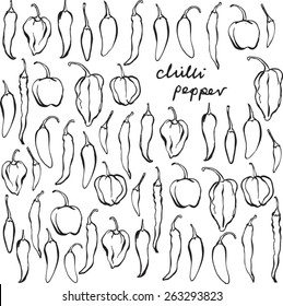 Set of different chili peppers vector doodle set