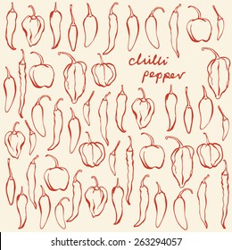 Set of different chili peppers vector doodle set