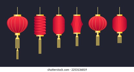 Conjunto de diferentes farolillos chinos. Colección asiática de lámparas de papel rojo de Año Nuevo. Elementos de decoración tradicionales de Chinatown.