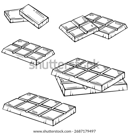 Set of different chocolate bars. For bakery packaging, recipe illustration, dessert design, sweet graphic projects. Vector illustration in hand drawn sketch style. Line art isolated on white for print