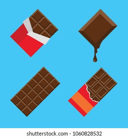 Set of different chocolate bars flat icons with long shadow isolated on blue background. Simple chocolate sign symbol in flat style.