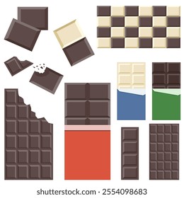 Set of different chocolate bars, Wrapped, unwrapped and bitten pieces of chocolate, each isolated on white.