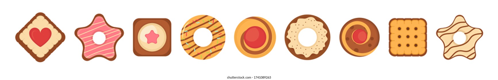 Set of different chocolate and biscuit chip cookies, gingerbread and waffle isolated on white background. Biscuit bread cookies icon set. Big set different colorful pastry cookie. Vector illustration.