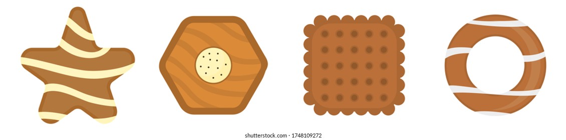 Set of different chocolate and biscuit chip cookies, gingerbread and waffle isolated on white background. Cookie consisting of collectible natural tasty food biscuit, pastry accessory. 