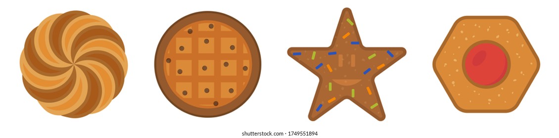 Set of different chocolate and biscuit chip cookies, gingerbread and waffle isolated on white background. Cookie consisting of collectible natural tasty food biscuit, pastry accessory. 