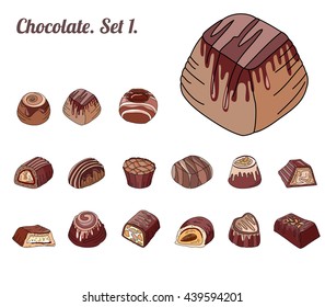 Set with different chocolate candies isolated on white. Milk,dark,white chocolate. For your design, announcements, cards, posters, restaurant menu.