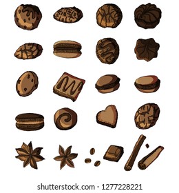 Set of different chocolate cookies and cinnamon . For your design, restaurant and cafe menu, decoration.