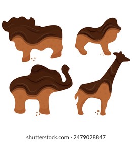 set of different chocolate gingerbread cookies in the shape of African animals, namely elephant, giraffe, lion and buffalo for World Chocolate Day, for designs, posters or banners