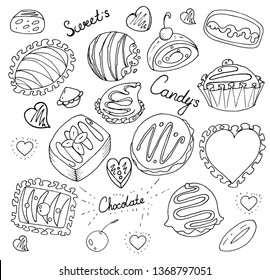 Set of different chocolate sweets and cookies isolated on white. Black and white, hand drawn illustration. Food elements for a cafe or restaurant. - Vector.