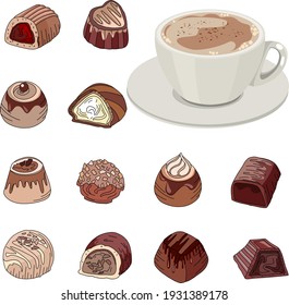 Set with different chocolate sweets and cup of coffee. Objects isolated on white background. Illustration can be used for restaurants, confectionary and cafe menu.