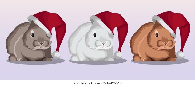 Set of different Christmas bunnies rabbits. Vector iillustration of 3 elements of white, gray, brown rabbits in Santa hats isolated. Christmas, New Year, cards, design, print concept.