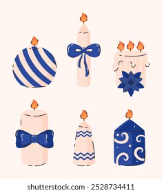 Set of different Christmas candles with blue decorations. Flat vector illustration.