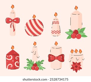 Set of different Christmas candles with decorations. Flat vector illustration.