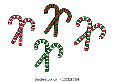 Set of different christmas candy canes with red and green stripes. Flat icon element for background, banner, card, poster. Isolated on the white background. Vector EPS10 illustration template