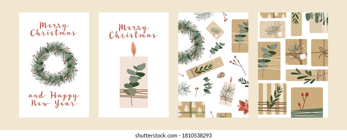 Set of different christmas cards, invitation. Presents in kraft paper and wreaths. Rustic gift box. Eco decoration. Xmas and New 2021 Year celebration preparation. Vector flat cartoon style