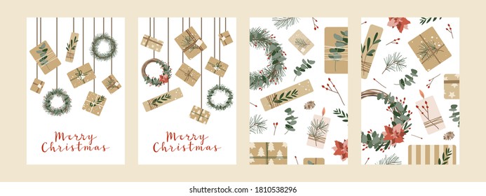 Set of different christmas cards, invitation. Presents in kraft paper and wreaths. Rustic gift box. Eco decoration. Xmas and New 2021 Year celebration preparation. Vector flat cartoon style