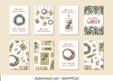 Conjunto de diferentes tarjetas de navidad, invitación. Presenta en papel kraft, velas y coronas. Caja de regalo rústica. Decoración ecológica. Preparación de la celebración del Año Nuevo 2021 y Navidad. Estilo de dibujos animados planos vectoriales