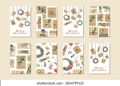 Set of different christmas cards, invitation. Presents in kraft paper, candles and wreaths. Rustic gift box. Eco decoration. Xmas and New 2021 Year celebration preparation. Vector flat cartoon style