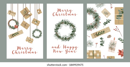 Set of different christmas cards, invitation. Presents in kraft paper, candles and wreaths. Rustic gift box. Eco decoration. Xmas and New 2021 Year celebration preparation. Vector flat cartoon style