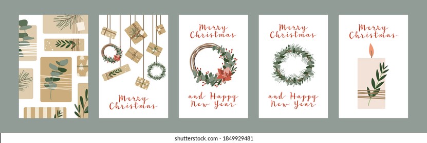 Set of different christmas cards, invitation. Presents in kraft paper, candles and wreaths. Rustic gift box. Eco decoration. Xmas and New 2021 Year celebration preparation. Vector flat cartoon style