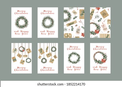 Set of different christmas cards, invitation. Presents in kraft paper, candles and wreaths. Rustic gift box. Eco decoration. Xmas and New 2021 Year celebration preparation. Vector flat cartoon style