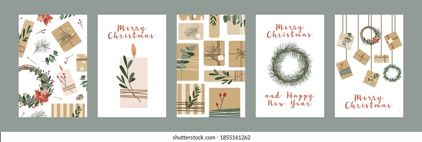 Set of different christmas cards, invitation. Presents in kraft paper, candles and wreaths. Rustic gift box. Eco decoration. Xmas and New 2021 Year celebration preparation. Vector flat cartoon style