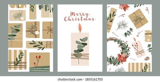 Conjunto de diferentes tarjetas de navidad, invitación. Presenta en papel kraft, velas y coronas. Caja de regalo rústica. Decoración ecológica. Preparación de la celebración del Año Nuevo 2021 y Navidad. Estilo de dibujos animados planos vectoriales